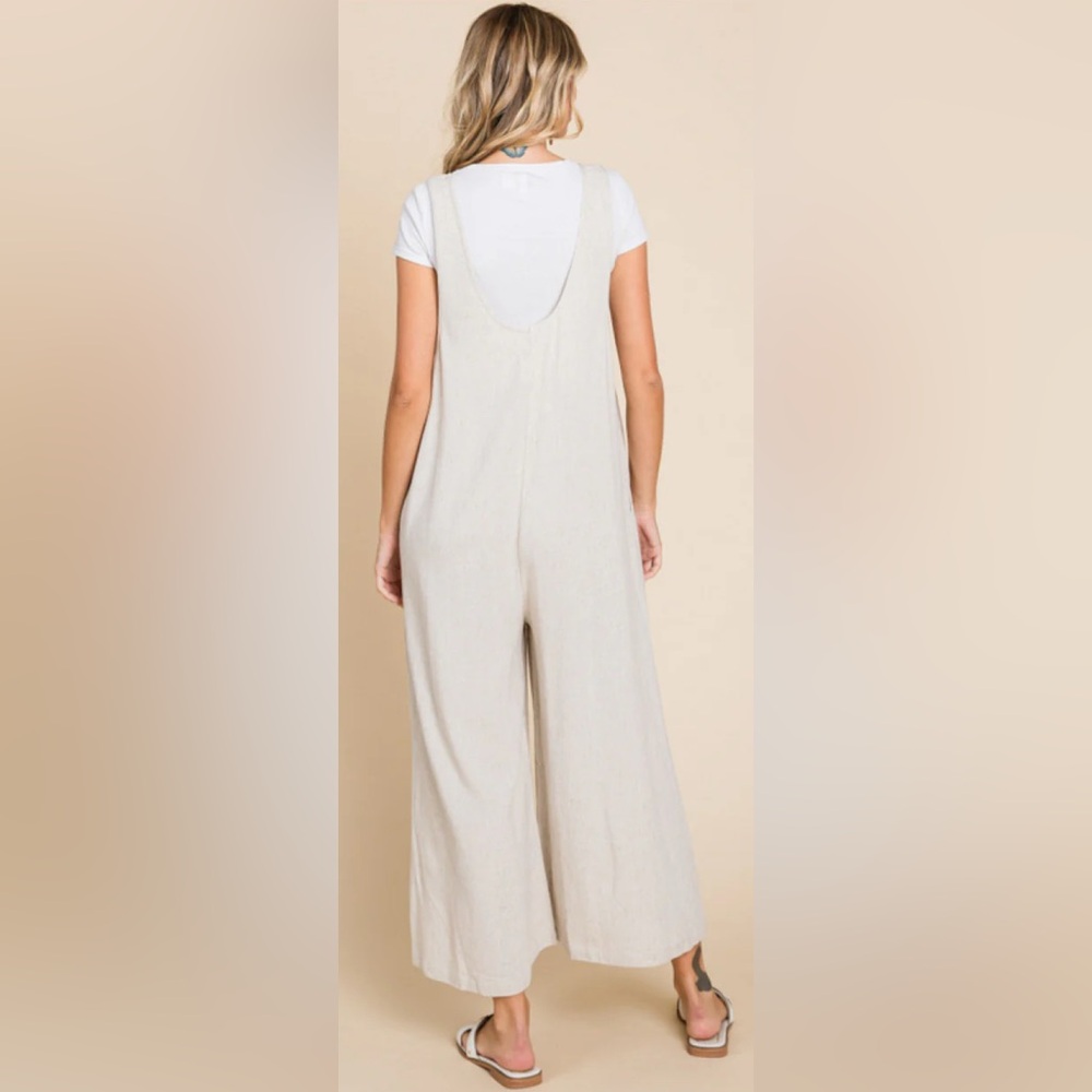 JODFIL Women’s Linen Blend Wide Leg Cropped Jumpsuit in Oatmeal Size Small NWT - Picture 2 of 7